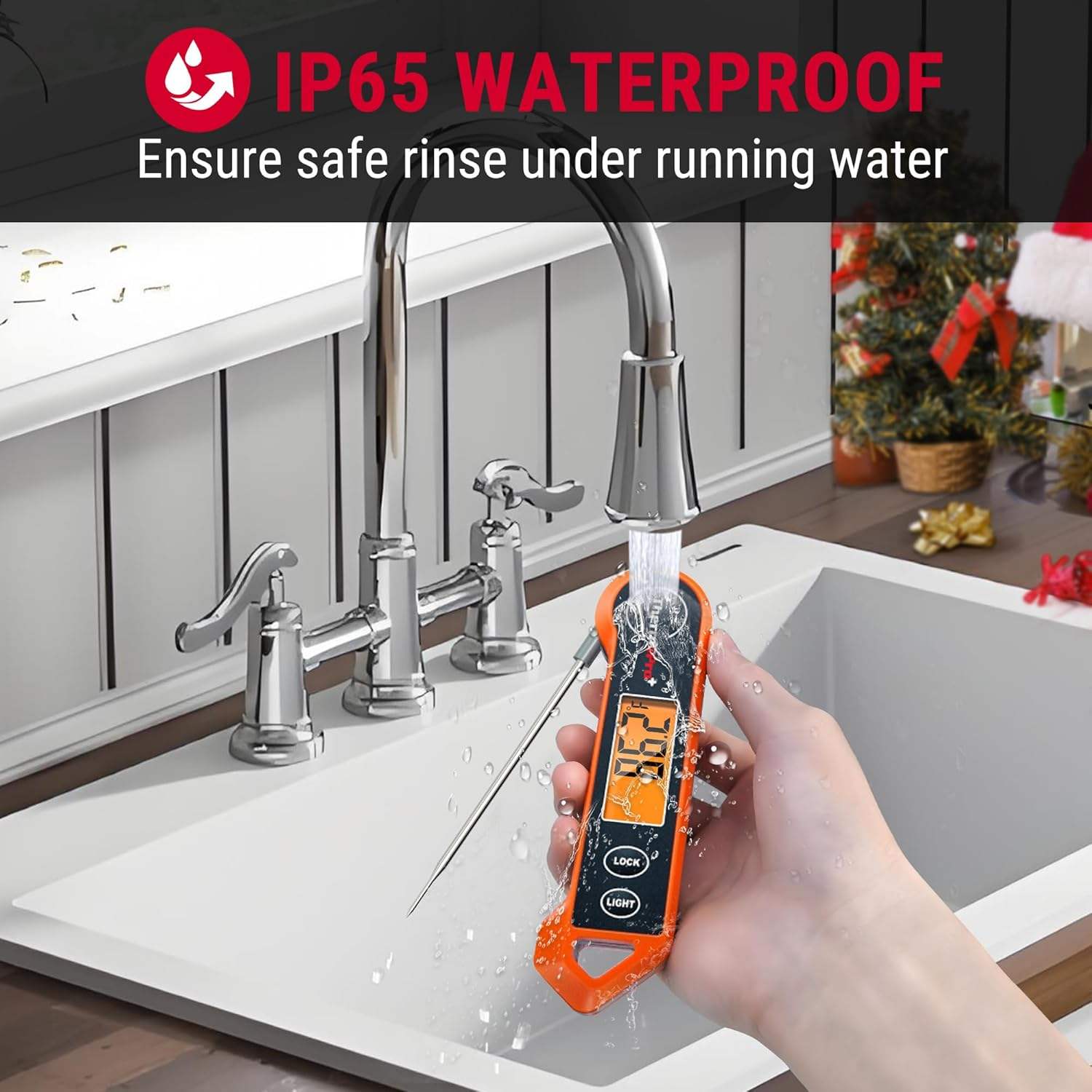 TempPro TP19H being rinsed under running water to demonstrate IP65 water resistance